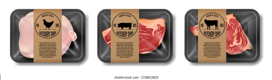 Relistic meat packaging of beef, pork and chicken. Set of supermarket meat package isolated on white. Beef and pork steak. vector illustration