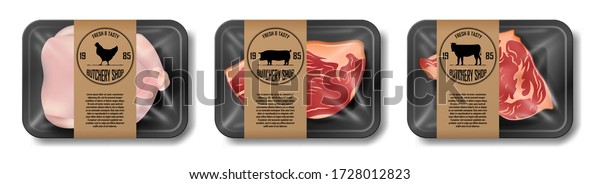 牛肉 豚肉 鶏肉の肉のレリスティックな包装 白い背景にスーパーの肉パッケージのセット 牛肉と豚肉のステーキ ベクターイラスト のベクター画像素材 ロイヤリティフリー