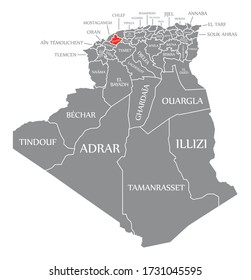 Relizane red highlighted in map of Algeria