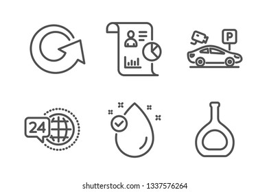 Reload, 24h service and Vitamin e icons simple set. Parking security, Report and Cognac bottle signs. Update, Call support. Line reload icon. Editable stroke. Vector