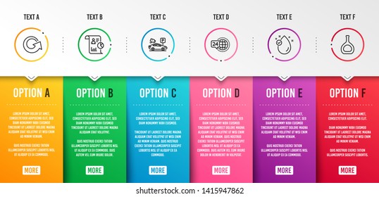 Reload, 24h service and Vitamin e icons simple set. Parking security, Report and Cognac bottle signs. Update, Call support. Infographic template. 6 steps timeline. Business options. Vector