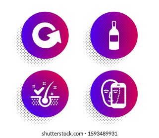 Reload, Anti-dandruff flakes and Wine bottle icons simple set. Halftone dots button. Face biometrics sign. Update, Healthy hair, Cabernet sauvignon. Facial recognition. Business set. Vector