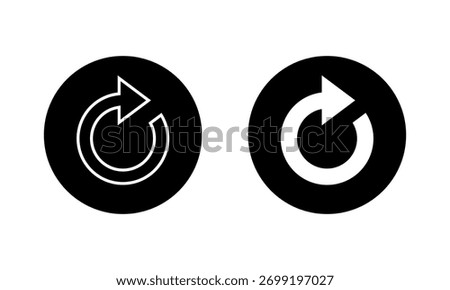 Reload arrow icon in black circle. Refresh and repeat symbol. Restart and reset sign