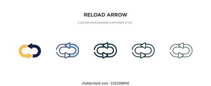 reload arrow icon in different style vector illustration. two colored and black reload arrow vector icons designed in filled, outline, line and stroke style can be used for web, mobile, ui