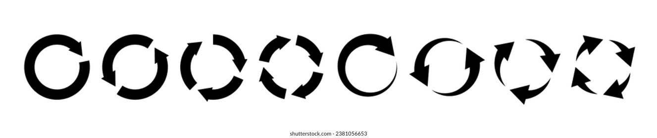 Reload arrow set. Reused Recycle symbol. Rotation arrow circle icon collection. . Vector illustration