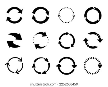 Reload arrows black icons. Circular arrow, isolated loop or round spin signs. Environment and recycle, reset repeat and upgrade pictogram decent vector set