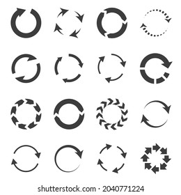 Reload arrows combinations. Rotating looping shapes. Black silhouette download symbols. Round refresh and connected signs set. Motion objects group. Vector graphic circular pictograms