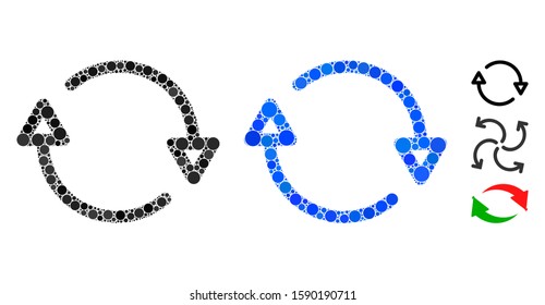 Reload composition of filled circles in various sizes and color hues, based on reload icon. Vector small circles are combined into blue composition. Dotted reload icon in usual and blue versions.