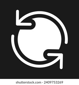 Reload dark mode glyph ui icon. Translation in process. Synchronization. User interface design. White silhouette symbol on black space. Solid pictogram for web, mobile. Vector isolated illustration