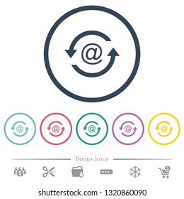 Reload emails flat color icons in round outlines. 6 bonus icons included.