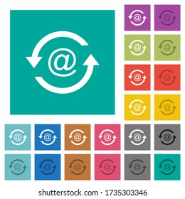 Reload emails multi colored flat icons on plain square backgrounds. Included white and darker icon variations for hover or active effects.