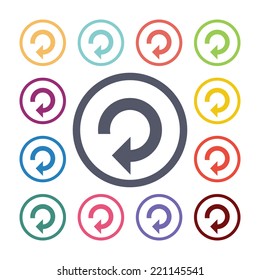 reload flat icons set. Open round colorful buttons. Vector 