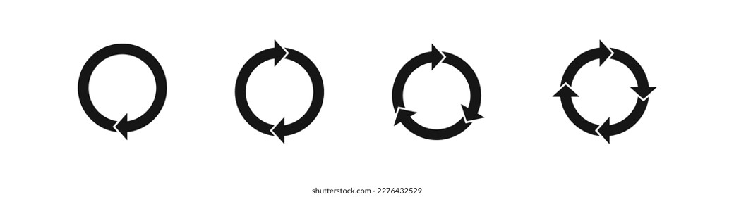 Volver a cargar el icono. Repetir el símbolo. Reiniciar las señales. 1, 2, 3, 4 símbolos de flecha. Actualizar iconos. Color negro. Signo aislado del vector.