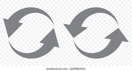 Reload icon. Repeat symbol. Reset signs. Refresh symbols. 2 arrow icons. Black color. Vector isolated sign on Transparent Background. EPS 10.
