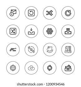 Reload icon set. collection of 16 outline reload icons with change, cloud sync, inbox, pivot, reply, revolver, rotation, redo, shuffle, refresh icons.