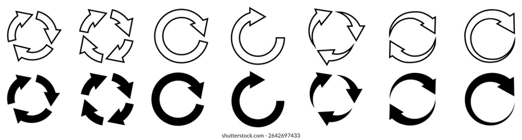 Recarregar conjunto de vetores de ícone. Atualizar coleção de sinais de ilustração de página. Atualizar símbolo. atualizar ícones da Web.