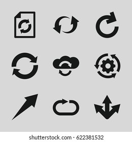 Reload icons set. set of 9 reload filled icons such as update, gear rotate, arrow