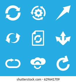 Reload icons set. set of 9 reload filled icons such as update, gear rotate, arrow