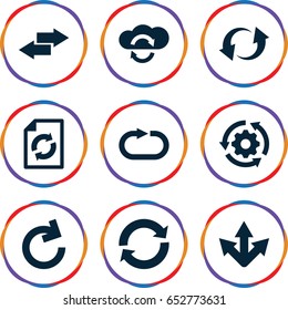 Reload icons set. set of 9 reload filled icons such as update, arrow, gear rotate