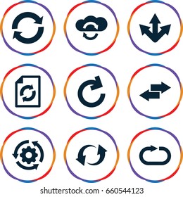 Reload icons set. set of 9 reload filled icons such as update, arrow, gear rotate
