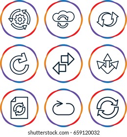 Reload icons set. set of 9 reload outline icons such as update, gear rotate, cloud sync