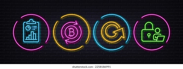 Reload, Refresh bitcoin and Report minimal line icons. Neon laser 3d lights. Lock icons. For web, application, printing. Update, Update cryptocurrency, Survey clipboard. Online security. Vector