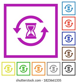 Reload symbol with sandglass flat color icons in square frames on white background