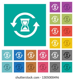 Reload symbol with sandglass multi colored flat icons on plain square backgrounds. Included white and darker icon variations for hover or active effects.