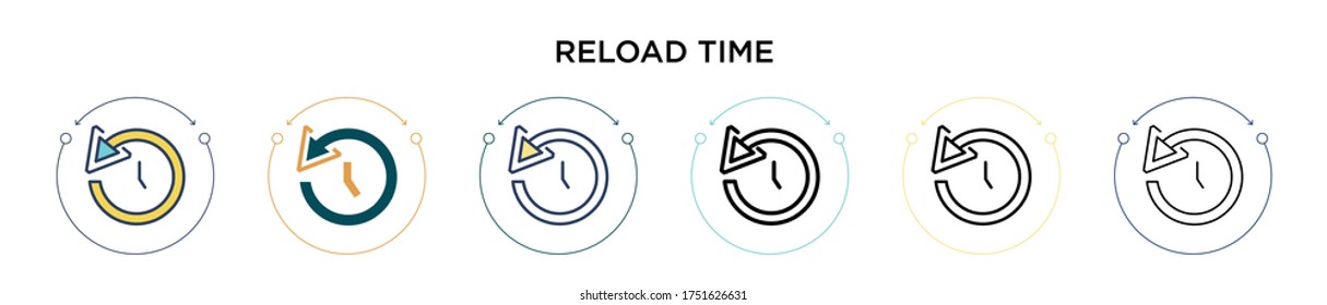 Reload time icon in filled, thin line, outline and stroke style. Vector illustration of two colored and black reload time vector icons designs can be used for mobile, ui, web