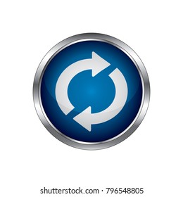 Reload two arrows icon. Internet button on white background, reload blue silver metallic chrome web circle glossy icon.