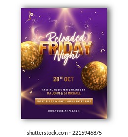 Reloaded Friday Night Party Flyer With 3D Disco Balls And Golden Confetti On Purple Glare Effect Background.