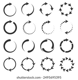 Recargando señales. Cargando símbolos. Iconos negros simples mínimos. Las flechas giran en círculo. Proceso de actualización o espera. Reciclaje ecológico. Girar dirección. Vector gráfico plano