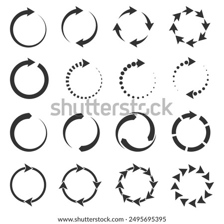 Reloading signs. Loading symbols. Minimal simple black icons. Arrows rotate in circle. Refresh or waiting process. Eco recycle. Spin direction. Vector graphic flat