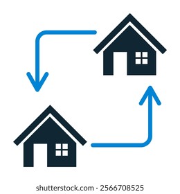 Relocate Icon Vector Illustration, Moving Homes Design Featuring Arrows and Houses, Perfect for Real Estate, Property Transfer, Relocation Services, and Housing Projects