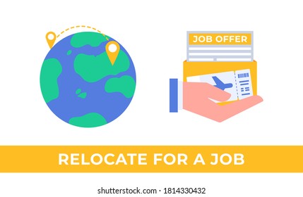 Relocate for work. Hand holding job offer and ticket for moving to another country. Globe with relocation pin.  Human resources agency for migrants. Global employee exchange.  Expatriate program.
