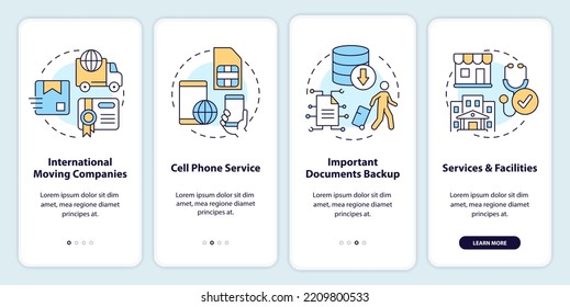 Relocating abroad tips onboarding mobile app screen. Legal immigration walkthrough 4 steps editable graphic instructions with linear concepts. UI, UX, GUI template. Myriad Pro-Bold, Regular fonts used