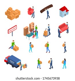 Relocating and Delivery Icon Set 3d Isometric View Include of Courier, Car and Carton. Vector illustration of Icons