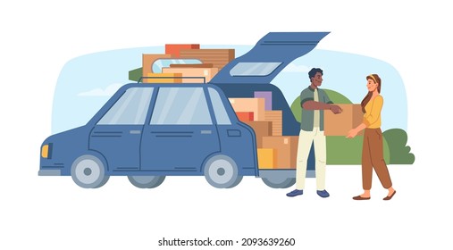 Relocating and moving to new apartment or office, people loading boxes to minivan car flat cartoon illustration. Vector young couple man woman characters packing belongings to vehicle, house moving