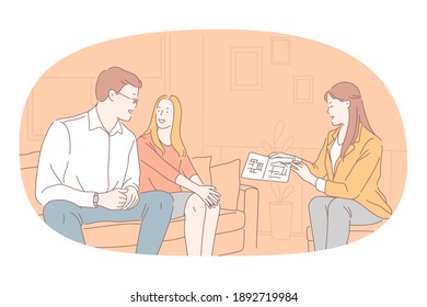 Relocating, new apartment choosing concept. Young happy couple cartoon character sitting and listening to presentation of woman real estate agent showing options of houses vector illustration 