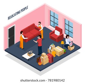 Relocating people isometric composition with loaders carrying sofa from apartment, stacked home stuffs in boxes vector illustration
