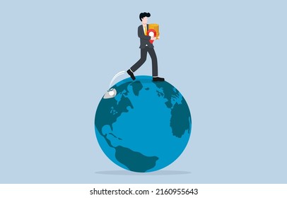 Relocating production or investment base due to 
high rate labour wage problem or cost reduction concept. Businessman entrepreneur carrying new pin and stack of coins moving to new location on globe.