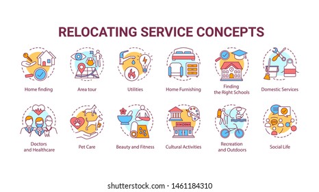 Relocating services concept icons set. Moving house, changing dwelling place idea thin line illustration. Living conditions, social life organization. Vector isolated outline drawing. Editable stroke
