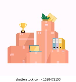 Relocating website, business or home concept illustration, stacked boxes with office stuff in them (computers, awards and documents). Isolated on white background.