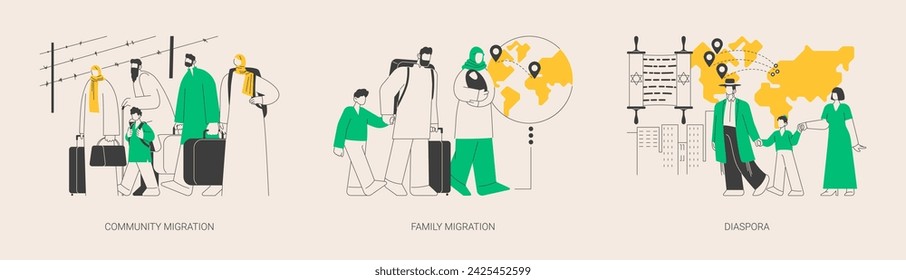 Relocation abstract concept vector illustration set. Community migration, family movement abroad, jewish diaspora, refugee group, travel with kids, immigration program abstract metaphor.