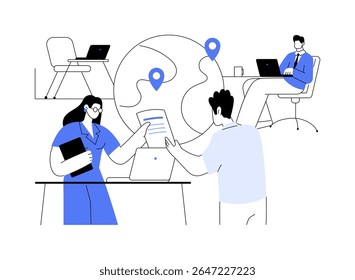 Realocação acordo isolado desenhos animados vetor ilustrações. Jovem especialista da empresa de TI muda-se para um novo escritório, assina um acordo sobre a realocação, comunicação com o vetor de cartum de corretores.