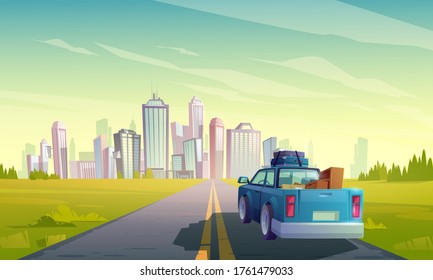 Relocation to another city, wagon truck with freight in open trunk rear view moving by two-lane road with grass on roadside to modern megapolis with skyscraper buildings, Cartoon vector illustration