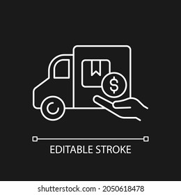 Relocation assistance white linear icon for dark theme. Covering moving-related expenses. Thin line customizable illustration. Isolated vector contour symbol for night mode. Editable stroke