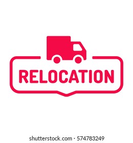 Relocation. Badge with truck icon. Flat vector illustration on white background.