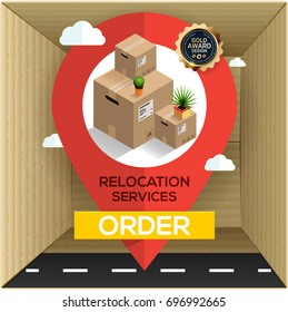 Relocation Business Services Concept, Cardboard Boxes And Big Map Pointer, Transport Company.