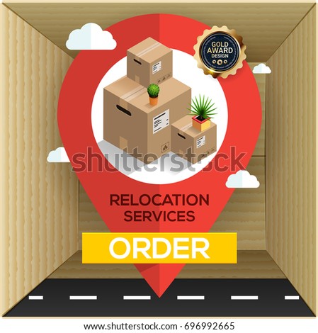 Relocation business services concept, cardboard boxes and big map pointer, transport company.